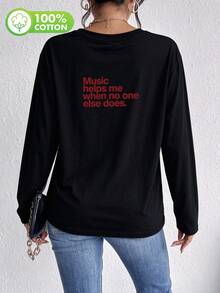 Plus Size Women's Solid Color Crew Neck Long Sleeve Casual Versatile T-Shirt - Black - View 5
