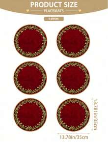 2/4/6pcs Elegant Burgundy & Gold Christmas Placemats, Round Linen Table Mats With Delicate Leaf, Gold Berry & Christmas Theme Patterns, Suitable For Christmas Dinner, Holiday Party, Kitchen & Dining Area And Winter Home Decor - Multicolor - View 9