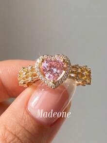 MADEONE 1pc Shiny Pink Zirconia Ring, Women's Engagement Wedding Party Daily Wear Anniversary Jewelry Gift - Pink Diamond - View 1
