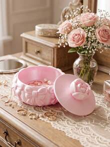 3D Printed Rose Top Jewelry Box, Outer Wall Surrounded By 3D Bow Relief, Soft Pink. With Lid Dust-Proof Design, Properly Store Rings, Necklaces, Earrings, Romantic And Exquisite, High-Value Storage Item For Girls' Vanity. - Multicolor - View 7