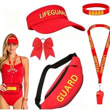 3pcs Summer Lifeguard Role Play Costume Set, Includes Adjustable Beach Hat And Whistle, Fun Vacation Beach Outfit, Halloween Costume - Multicolor - View 9