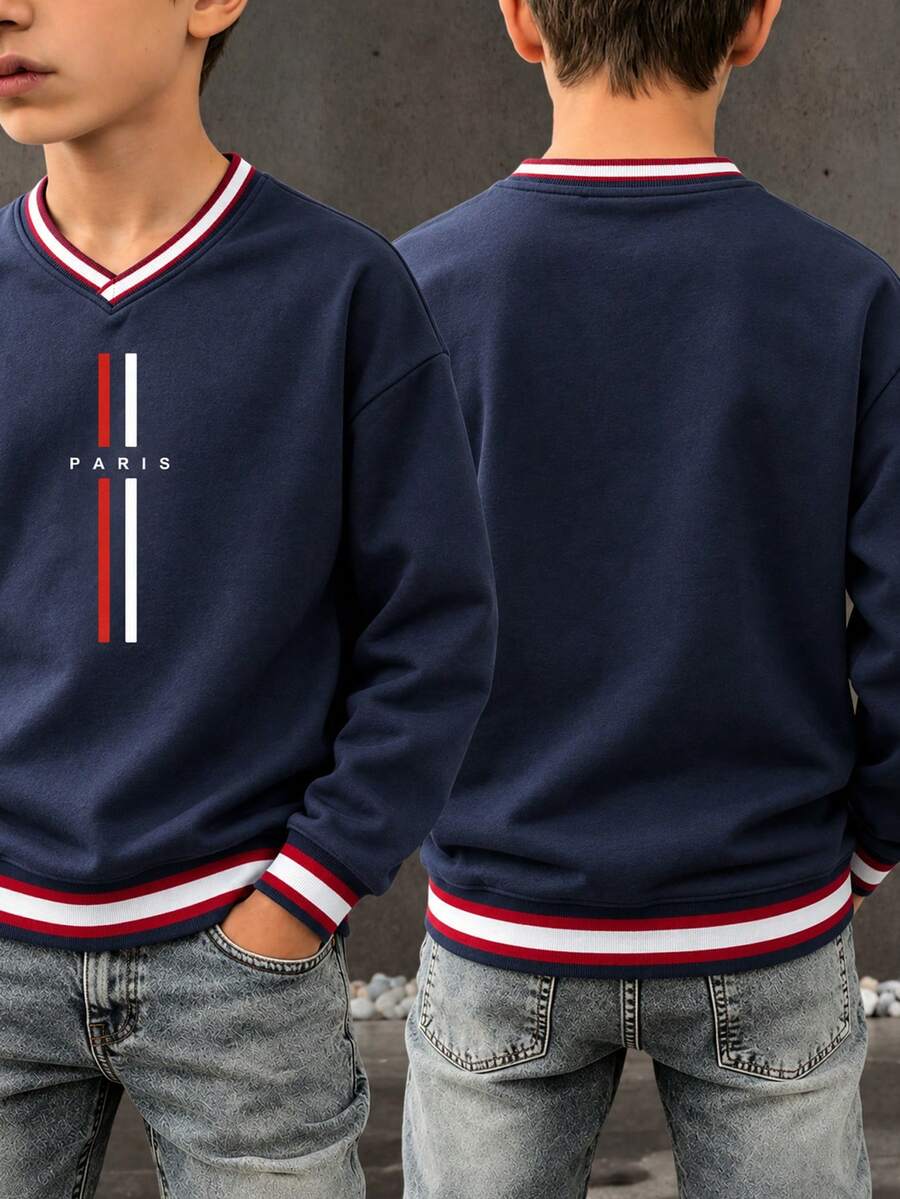 Tween Boy 1pc Contrast Color Print Crew Neck Sweatshirt, Unisex Kids Clothing, Suitable For Young Students, Long Sleeve Top For Autumn/Winter - Navy Blue - View 1