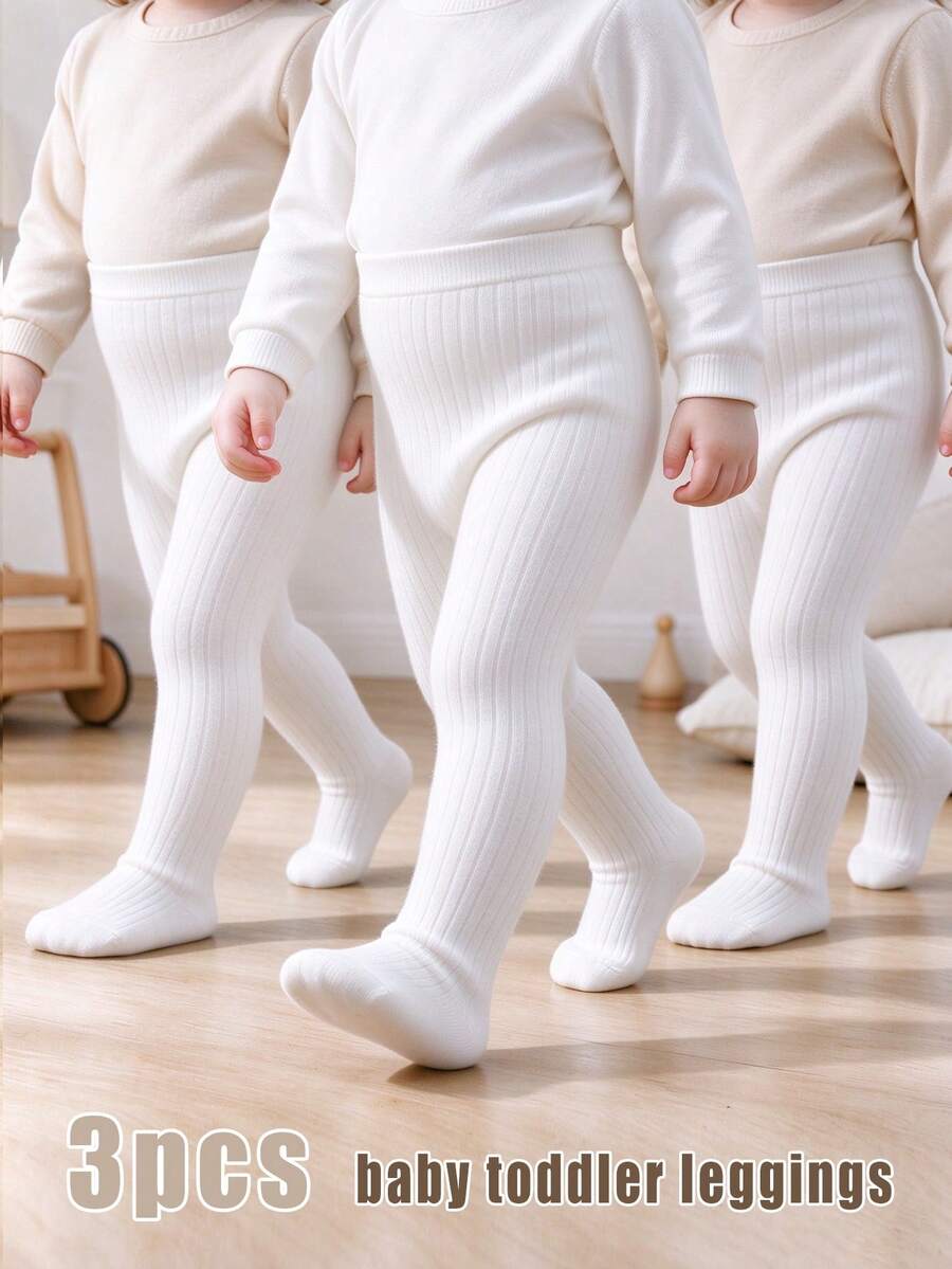 3pcs/Pack Baby Kids Simple Solid Color Vertical Striped Tight Fit Leggings, Classic Versatile All-Match Style, Suitable For Boys And Girls Daily Wear