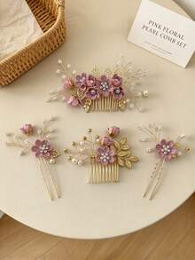 4pcs Fabric Floral Rhinestone & Pearl Beaded Hair Sticks Set, Bridal Headpiece, Wedding Banquet Updo Hair Accessories Set, Luxury Style - Multicolor - View 2