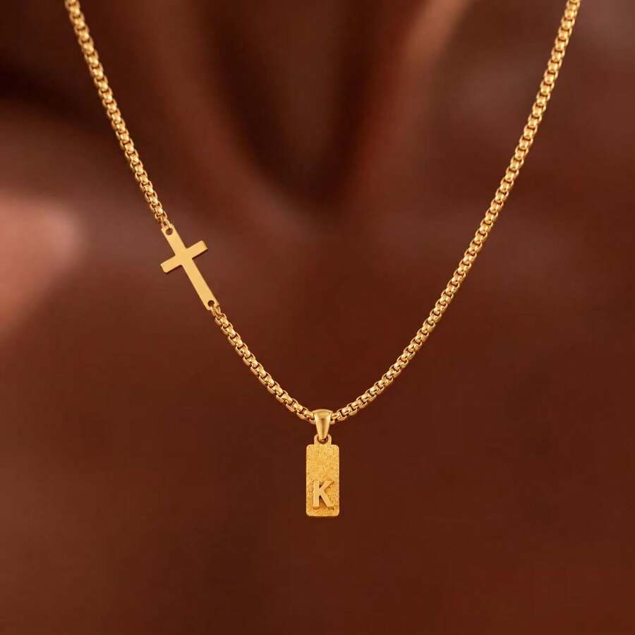 1pc Simple Fashion Cross Initial Pendant Golden Stainless Steel Chain Necklaces For Men - Yellow Gold - View 1