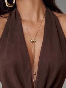 1pc Minimalist Asymmetrical Pebble Water Drop Lasso Necklace, Gold Snake Chain Y-Shaped Adjustable Pendant Jewelry, Women's Daily Gift - Gold - View 1