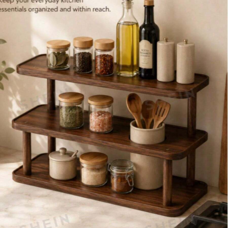 Hree-Tier Vintage Wooden Desktop Storage Rack, Vertical Shelf, Painted Material, Vintage Texture, Durable Wooden Material, Space-Saving Design, Suitable For Coffee Tables To Place Cups And Coffee Beans, - View 1