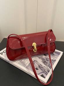 Women Glossy Patent Leather Shoulder Bag, Vintage Rectangular Baguette Purse With Gold Metal Lock, Elegant Solid Color Handbag For Party Daily Wear - Red - View 5