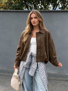 Women's Regular Fit Faux Suede Long Sleeve Single-Breasted Loose Casual Jacket, Suitable For Spring Wear Fall - Coffee Brown - View 7