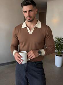 ALTZTAR Men's Patchwork Seagull Collar Long Sleeve Ribbed Knit Sweater - Rust Brown - View 1