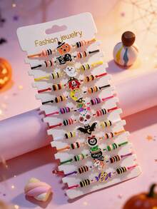 12Pcs Halloween Theme Charm Bracelet For Kids Girls Pumpkin Ghost Spider Skull Adjustable Rope Bracelets Holiday Party Gift Jewelry - Multicolor - View 1
