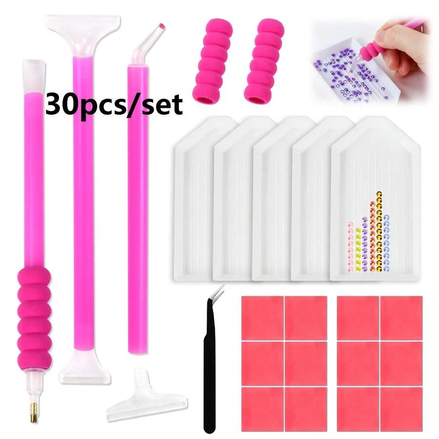 Kit Alat Lukisan Berlian 30 Buah, 3 Pena Pengambil Berlian Imitasi dengan Badan Pena, dengan 6 Ujung Pengganti, Pena, dan Baki, Lilin, untuk Alat Pena Lukisan Seni - A - View 1