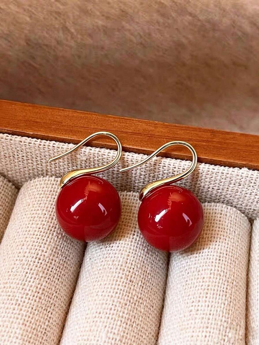 1 Pair Vintage Faux Pearl Red Copper Earrings, Suitable For Women For Daily Wear And Festivals - Burgundy - View 1