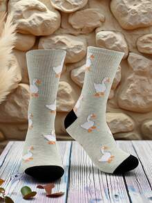 1 Pair Men's Funny Duck Print Mid-Calf Socks, Versatile Black Cartoon Socks, Personalized Daily Wear Socks, Black Cartoon Duck Print Mid-Calf Socks - Multicolor - View 4