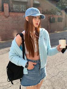 Women's Light Blue Autumn Casual School Style Knitted Cardigan, Cable Knit Hooded Design, Embroidered Details, Front Button Closure, Long Sleeve - Blue - View 1
