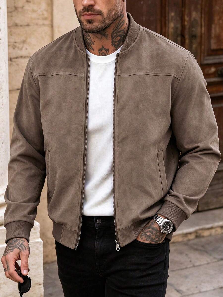 1pc Vintage Men's Faux Suede Lightweight Aviator Jacket, Ribbed Collar Zipper Front Casual Outerwear, Solid Color Men's Spring Autumn Winter Streetwear Daily Outfit Coat - Khaki - View 1
