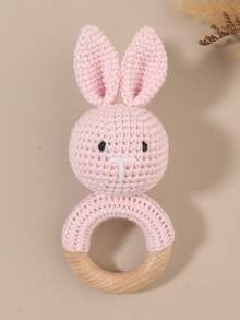 1pc Crochet Hand Bell Toy Rabbit Bear, Available In White, Pink, Blue, Beige, Brown Rabbit, Brown Bear, Baby Gift - Multicolor - View 12