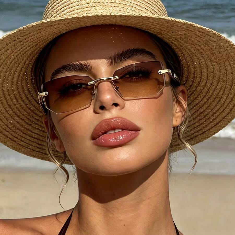 Vintage Rectangular Rimless Fashion Glasses, Classic Plastic Frame, Unisex, Suitable For Outdoor Travel, Beach, Casual - Multicolor - View 1