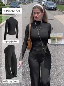 1 Set Women's Sports Outfit Full Zip Jacket + High Waist Tummy Control Butt Lifting Wide Leg Pants, Slimming Black Outdoor Set, Casual Party, Commute Minimalist Autumn Clothing - Black - View 3