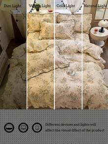 Beige Floral Girl Style Ruffled Simple Comfortable Soft Skin-Friendly Duvet Cover Set (1*Duvet Cover + 2*Pillowcases, No Filling) Suitable For Bedroom Guest Room Machine Washable All Season - Beige - View 2