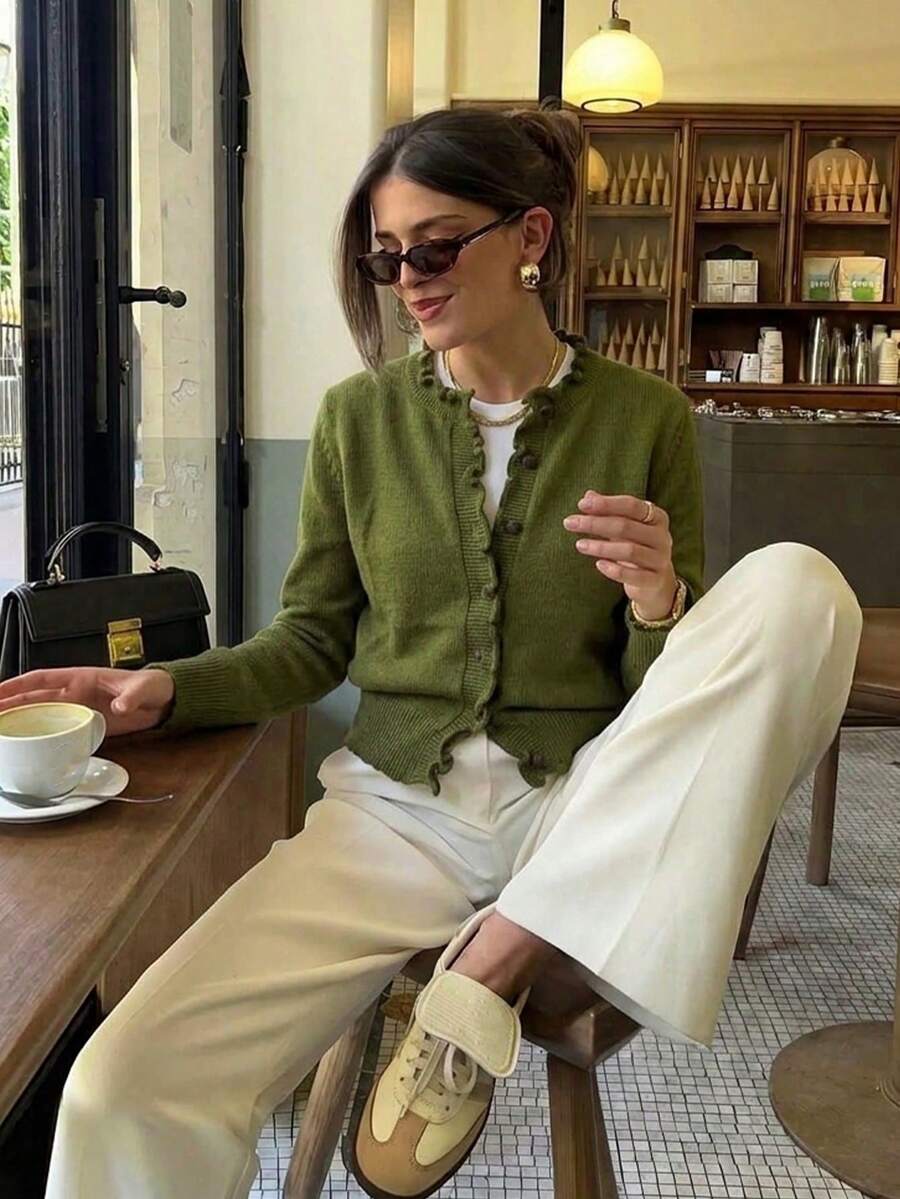 Vintage Olive Green Button Front Sweater Cardigan, Round Neck, Long Sleeves, Stretch Knit, Ruffle Trim, Casual Fall Layering Top For Women - Green - View 1