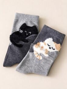 4 Pairs Women's Mid-Calf Socks, All-Season Cartoon Cat 3D Mid-Calf Socks, Fashionable And Simple, Fun And Unique, Delicate And Breathable, Moisture-Wicking And Non-Stuffy, Ribbed Elastic Cuff, Moderate Fit, Suitable For Various Occasions - Multicolor - View 3