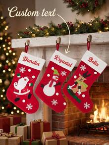 1pc Custom Name Christmas Stocking, Red Personalized Xmas Stocking With Santa Snowman Reindeer Applique, Snowflake Pom Pom Decoration, Fireplace Hanging Holiday Decor For Family - Multicolor - View 1