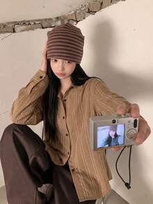 Vintage Plaid Long Sleeve Loose Blouse - Brown - View 5