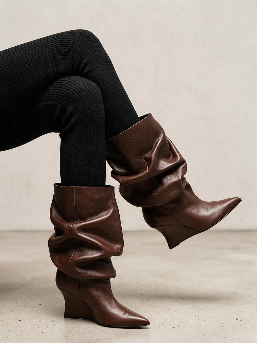 European And American Wasteland Style Ruched Stacked Boots, Wedge Heel, Pointed Toe, Tall Shaft, Plus Size, High Heel, Mid-Calf - Coffee Brown Short - View 1