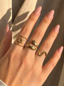 3pcs Gold Open Ring Set, Bowknot Hollow Sun Design, Overlapping Double Arm Style, Zigzag Design, Adjustable Fit, European And American Niche Design Accessory - Gold - View 3