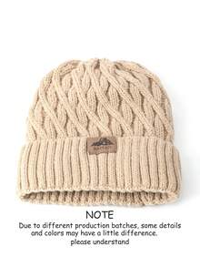 1pc Men's Cable Knit Beanie, Solid Color, Casual, Letter & Mountain Design, Fleece Lined, Elastic Ribbed Cuff, Winter, Daily Commute, Outdoor Wear - A - View 1