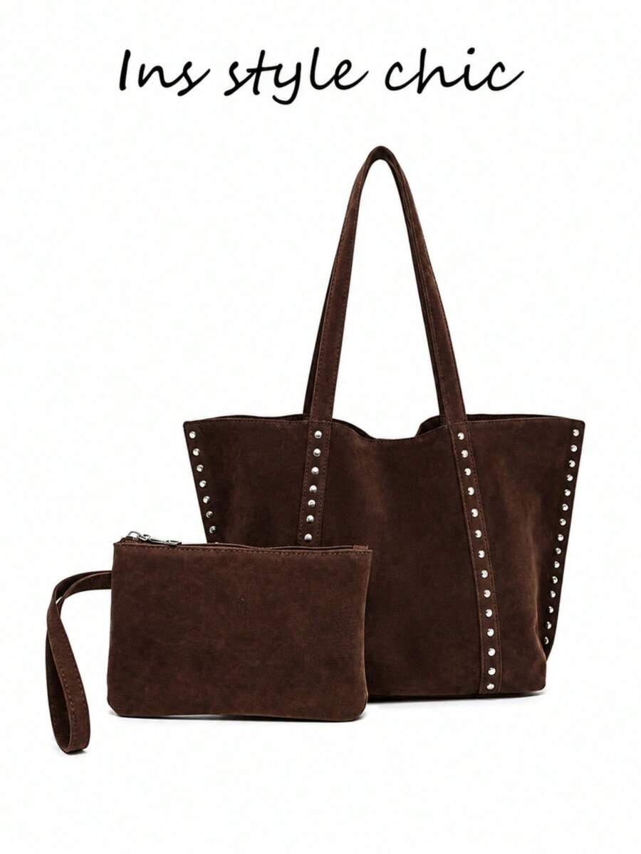 Tote Bag Vintage Rivet Mother-Daughter Tote Bag, Double Long Shoulder Straps With Side Metal Rivet Decoration. Large Capacity Bag Body, Can Store Various Personal Items, Vintage Western Style Suitable For Daily Outings, Easily Enhance Overall Outfit Style. - Coffee Brown - View 1
