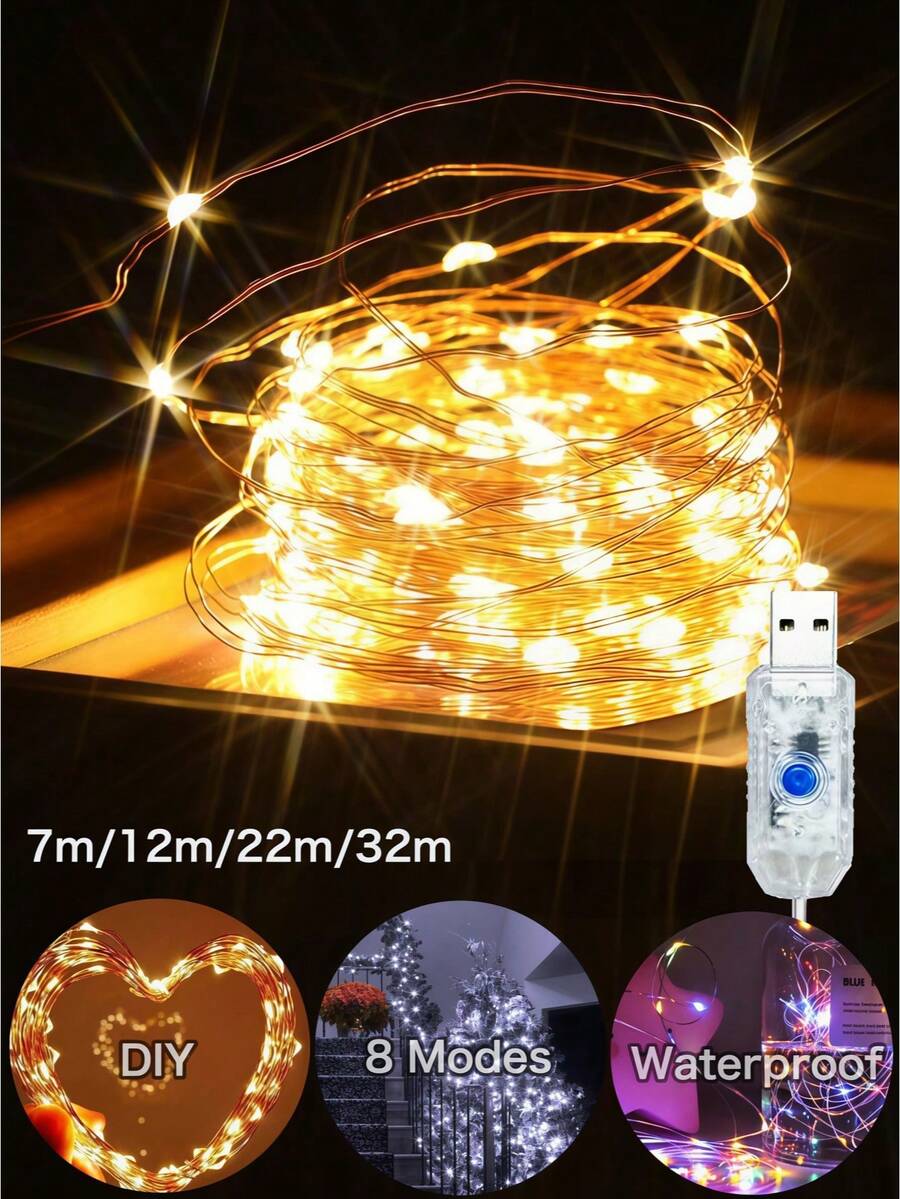 1 String 10/20/30/50/100/200 LED Copper Wire Lights - Fairy Lights - USB Powered, 8 Lighting Modes, 3 Colors Optional, Suitable For Wedding, Party, Home And Christmas Decoration