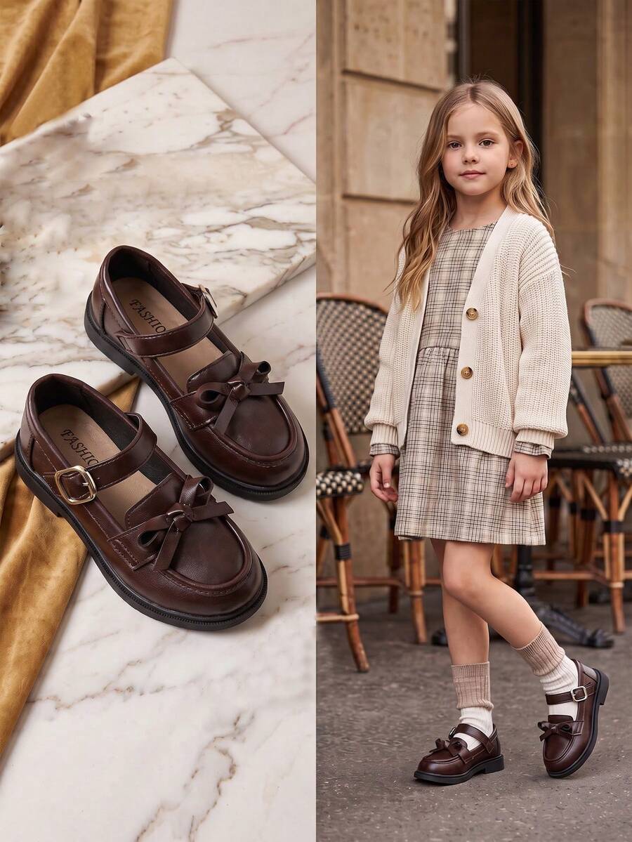 1 Pair Kids Brown Loafers & Oxford Shoes, Girls School Style Mary Jane Flats, Bow & Metal Buckle Decor Hook & Loop Design, Kids Student Shoes, Suitable For Spring & Autumn Daily Wear - Brown - View 1