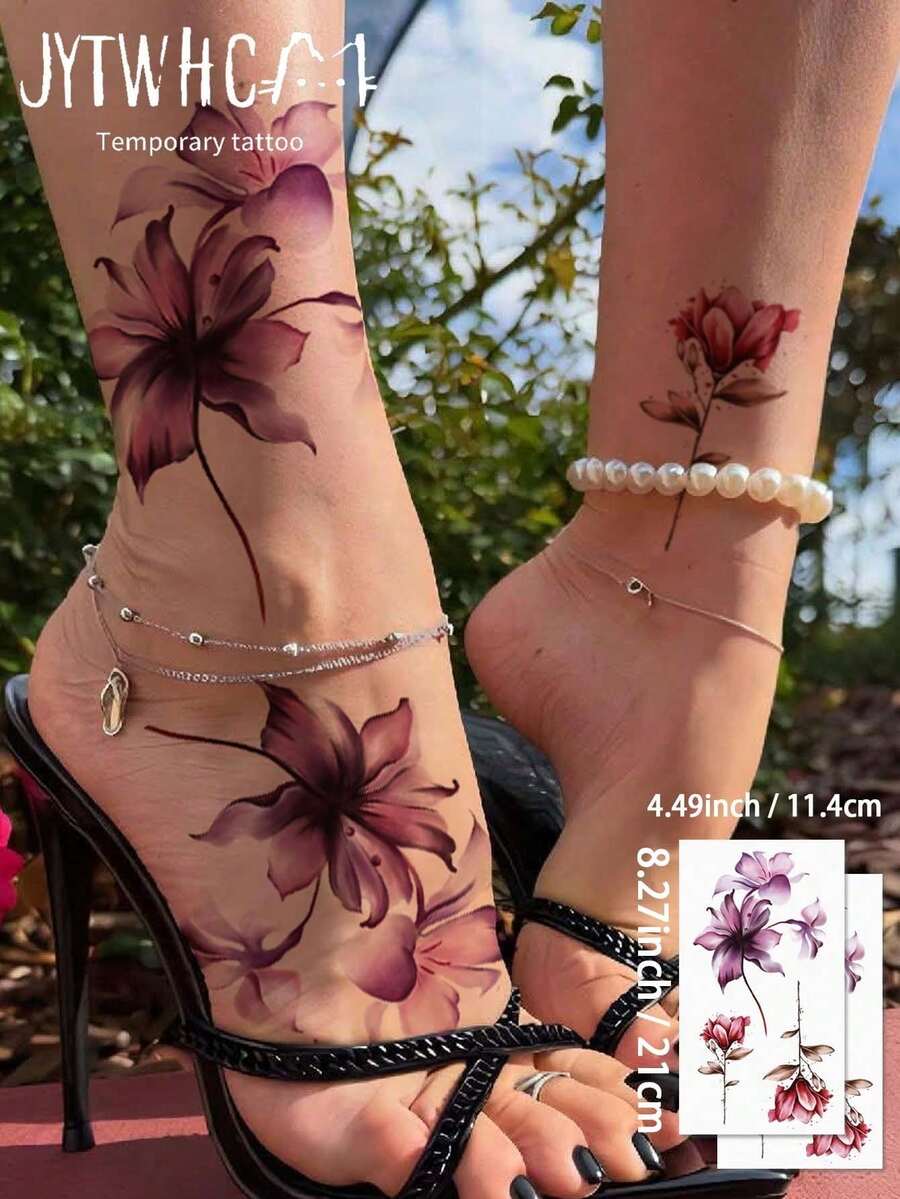2 Floral Vine Sketch Temp Tattoos, Arm/Back Spine Use, Matte Real Look, Lasts 7-14 Days Daily Wear - Multicolor - View 1