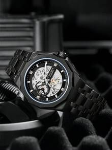 LONGLUX 1pc Men's Hollow Automatic Mechanical Watch, Waterproof Steel Band, Suitable For Daily Wear And Holiday Gift - Black - View 4