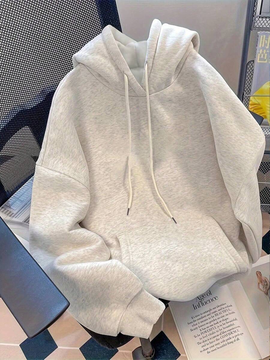 Solid Color Hooded Pullover Sweatshirt, Cute Women's Sweatshirt Y2K Style, Autumn Back To School Casual - Light Grey - View 1