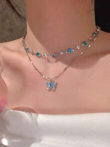 2pcs Elegant Fashion Blue Artificial Crystal Butterfly Necklace, Suitable For Women And Girls Layered Double-Layer Collarbone Necklace Jewelry Gift - Blue - View 4