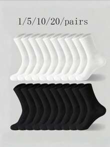 1/5/10/20 Pairs Black & White Thick Men's/Women's All-Season Socks, Fashionable, Casual, Comfortable, Odor-Resistant, Suitable For Outdoor Sports, Running, Fitness, Compression Knee Socks, Business Casual Vacation Black & White Mid-Calf Socks, Autumn Style - Multicolor - View 16