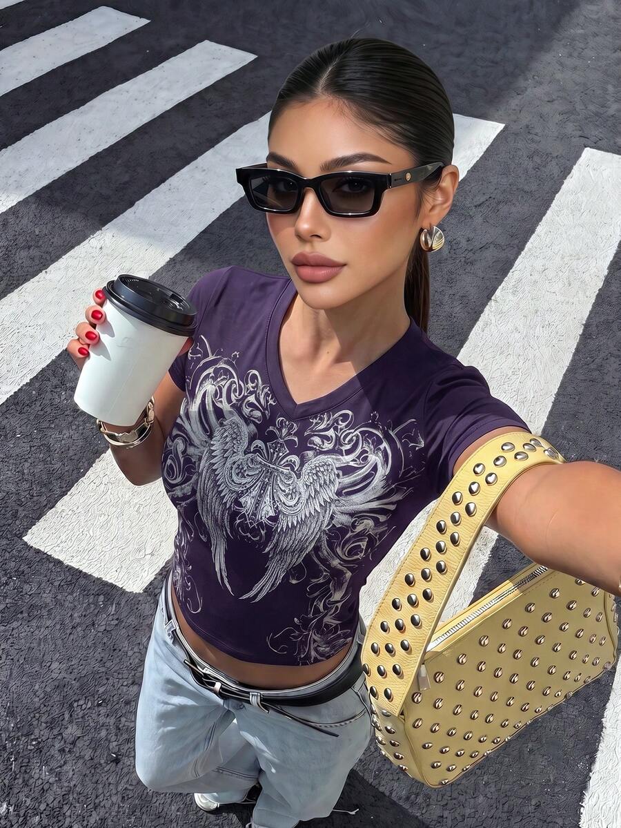 2000s Vintage Style Graphic Print Round Neck Short Sleeve T-Shirt For Women, Y2K Streetwear Gothic Casual Summer - Multicolor - View 1