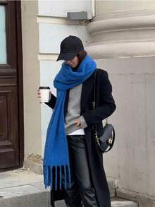 1pc Solid Color Scarf, Winter Warm Neck Protection, Thickened Wool Knitted Shawl With Tassels, Wearable - Royal Blue - View 5