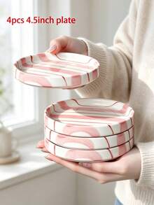 1pc/2pcs/4pcs Pink Hand-Drawn Striped Ceramic Mini Plates, 4.5" Round Small Plate For Afternoon Tea, Dessert & Nuts,Round Dessert Snack Plate For Home Kitchen - Multicolor - View 16