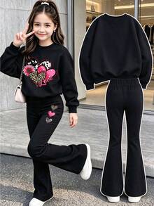 Teen Girls Heart Graphic Print Crew Neck Sweatshirt & Casual Pants 2-Piece Set, Autumn/Winter Outfit, Campus Style, Homecoming Look - Black - View 2