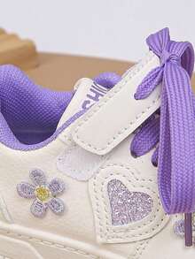 1 Pair All-Season Toddler Walking Shoes With Hook-And-Loop, Embroidered Flowers, Rhinestone Heart Lace-Up, Comfortable Fashionable Cute Flat Casual Baby Sneakers - Purple - View 9