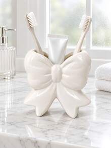 1pc Elegant Bow-Shaped Toothbrush & Toothpaste Holder, Glossy Pink Or Ivory White Bathroom Countertop Organizer, Cute Vanity Storage Decor - Multicolor - View 4