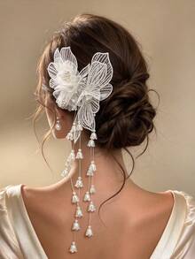 1pc White Embroidered Lace Chiffon Flower Beaded Hair Clip With Tassel Edge For Women, Back Of Head Updo Bridal Wedding Banquet Headpiece - Multicolor - View 2