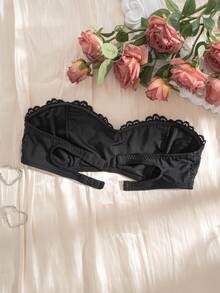 Women's Strapless Lace Patchwork Hollow Back Design Wire-Free Bandeau Bra - Black - View 8