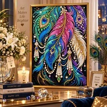 DIY 5D Special Shaped Pearl Diamond Painting Kit, Colorful Peacock Feathers With Rhinestone & Pearl Art Canvas, 30x40cm Frameless, Home Wall Decor, Handmade Gift - View 4