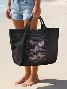 1pc Lavender Butterflies Print Glossy PVC Tote Bag,Large Capacity,Top Handle,For Beach,Commute & Daily Use,Versatile And Practical.Ideal Gift Item - Black - View 5