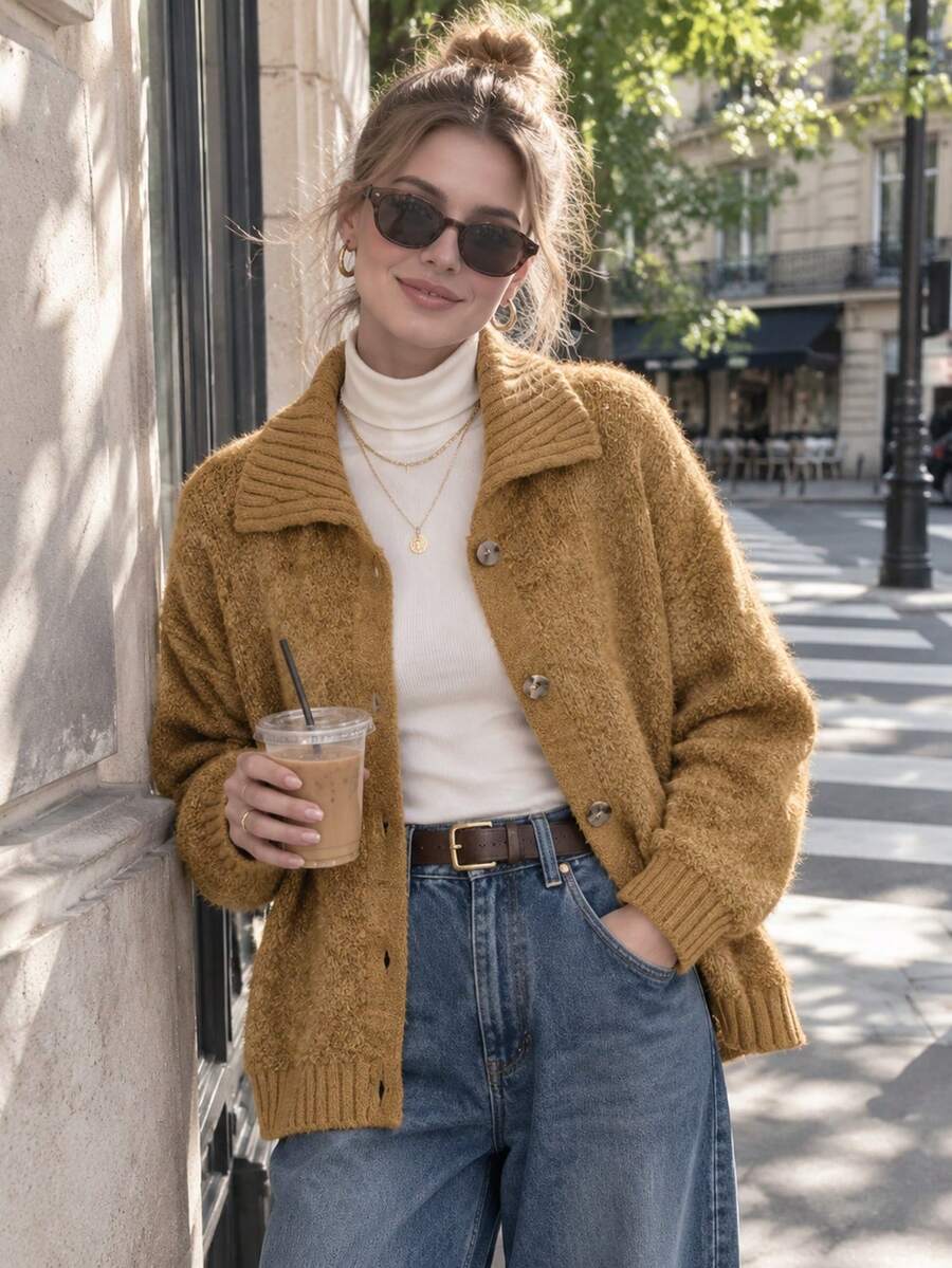 Women's Autumn Turn-Collar Button Front Knit Cardigan, Casual Loose Fit Outerwear, Suitable For Thanksgiving Holiday, Daily Dating, Weekend Gatherings - Brown - View 1